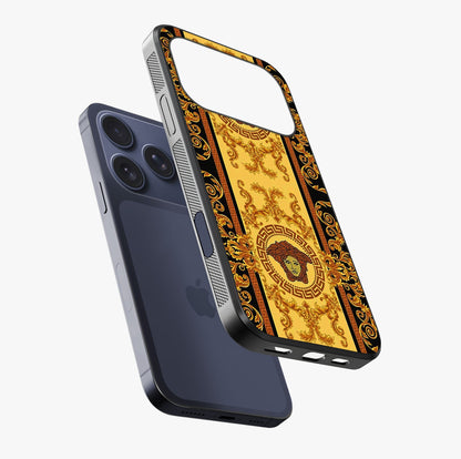 Golden Lotus Glow Glass Case laid diagonally highlighting side profile, edges and glossy glass shine.