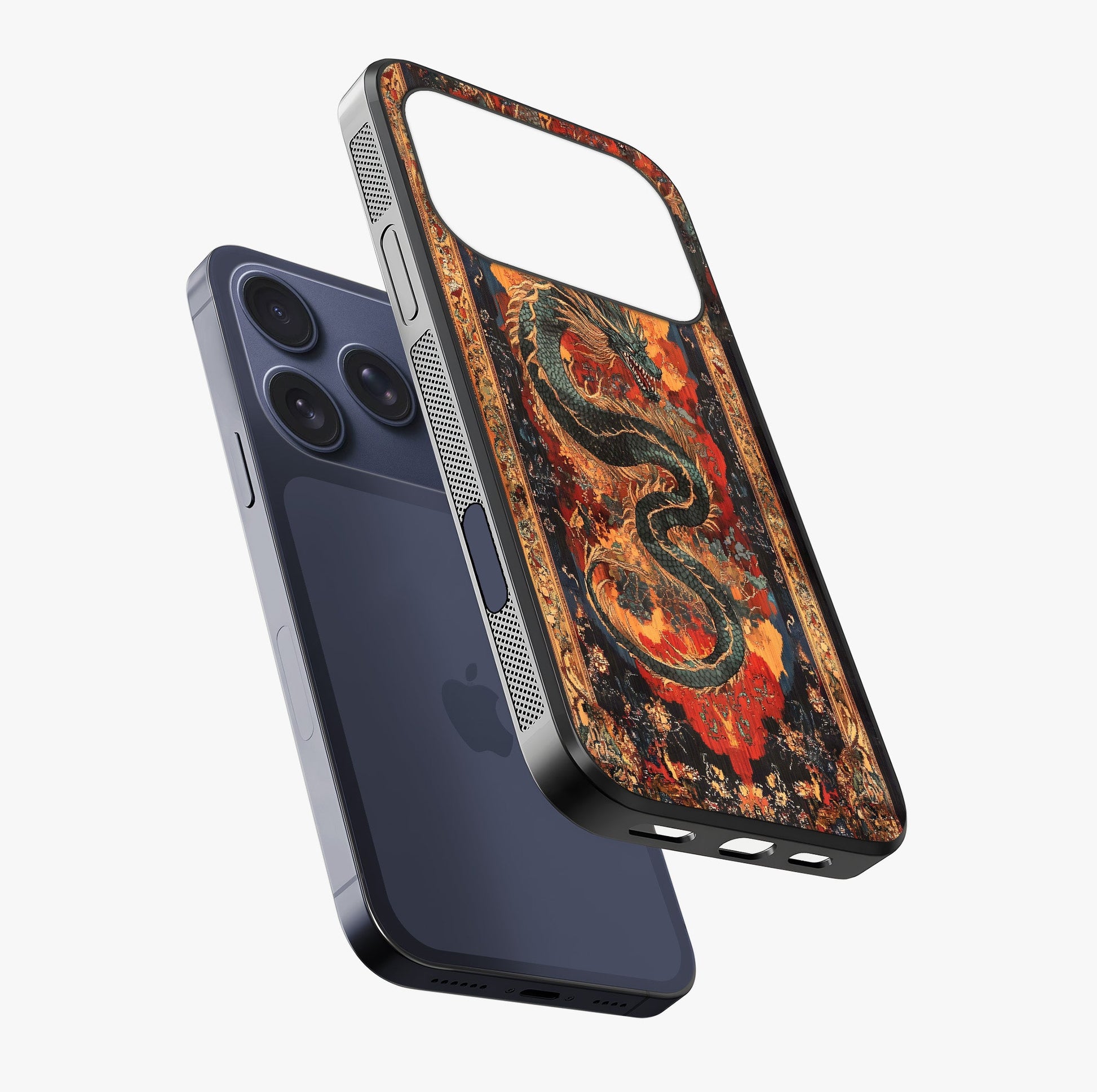 Inferno Dragon Soul Glass Case laid diagonally highlighting side profile, edges and glossy glass shine.