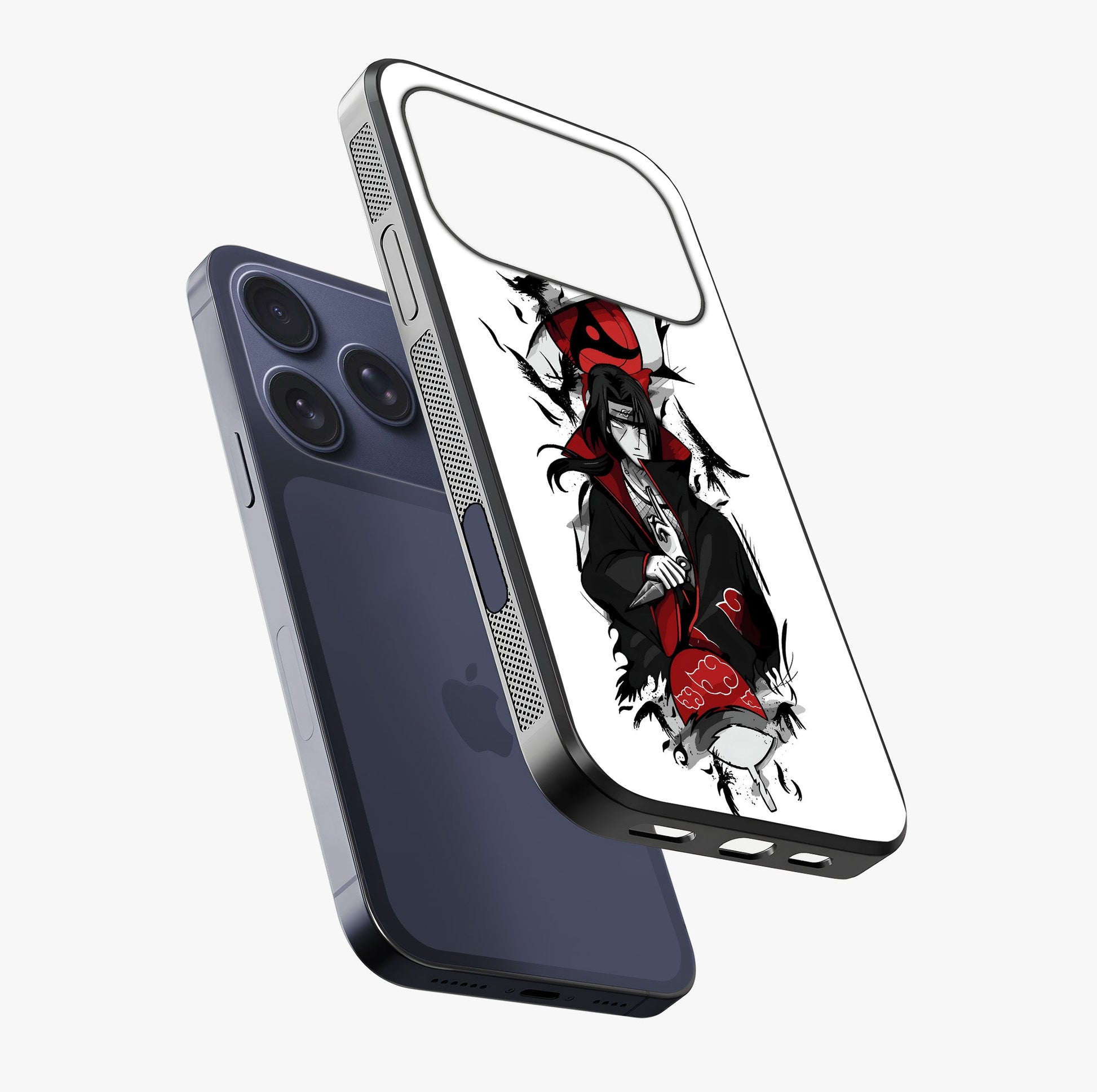 Itachi Limited Edition Naruto Anime Glass Case laid diagonally highlighting side profile, edges and glossy glass shine.