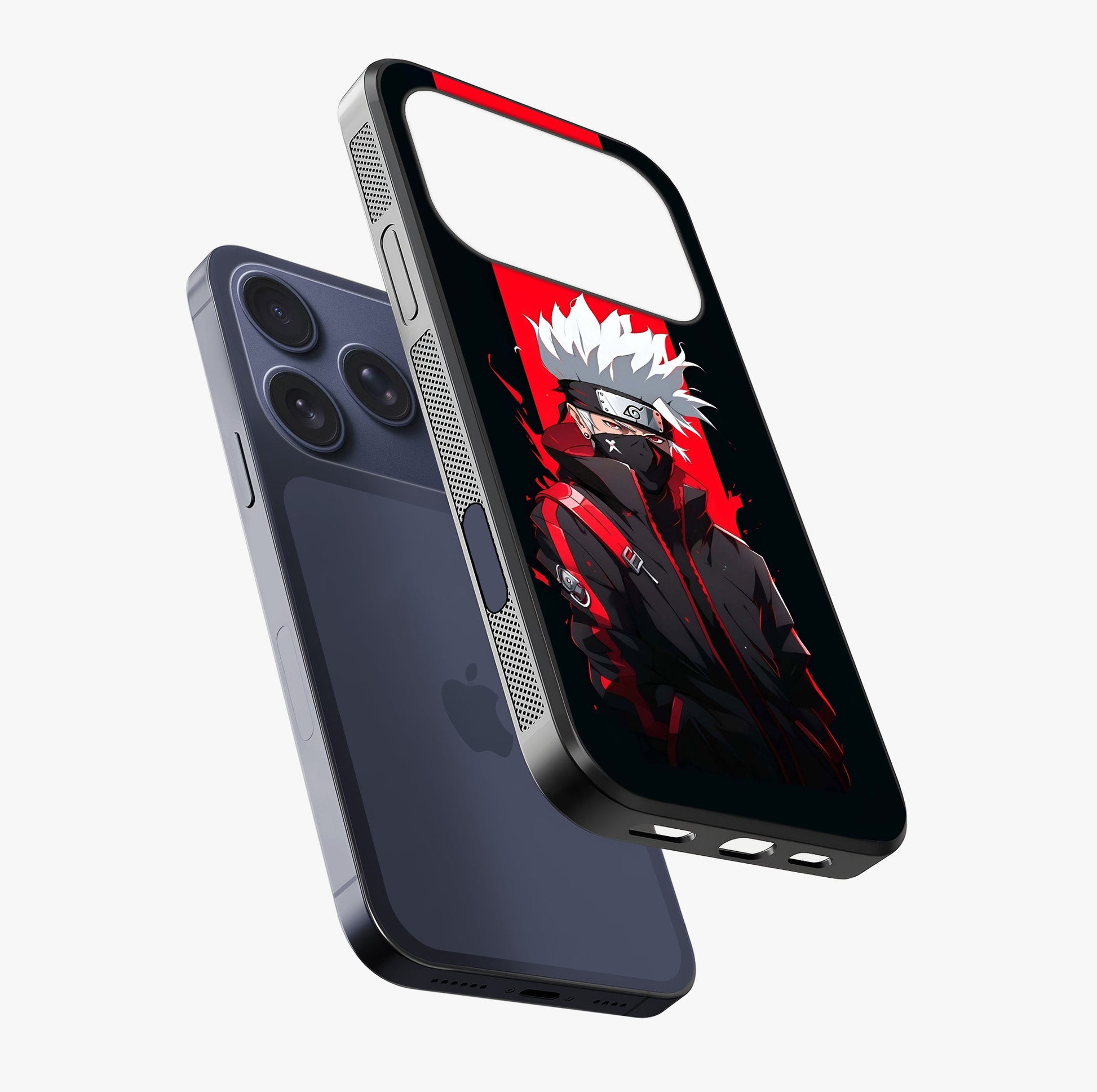 Kakashi Scarlet Shadow Glass Case laid diagonally highlighting side profile, edges and glossy glass shine.