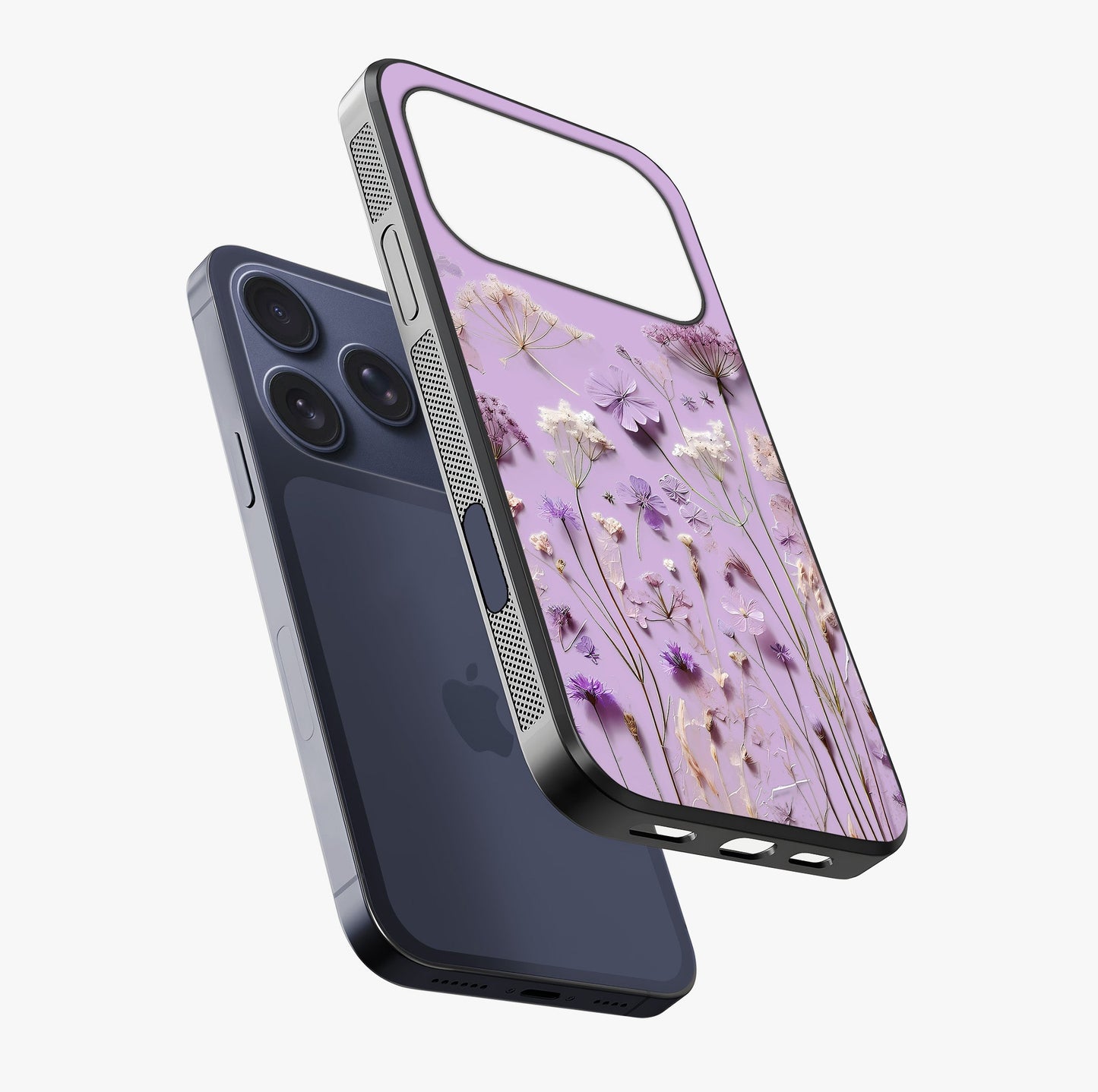 Lavender Blossom Dream Glass Case laid diagonally highlighting side profile, edges and glossy glass shine.