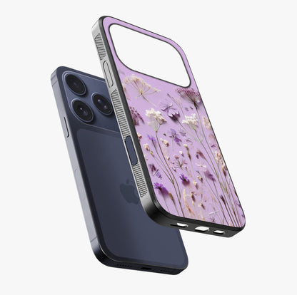 Lavender Blossom Dream Glass Case laid diagonally highlighting side profile, edges and glossy glass shine.