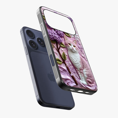 Lavender Cat Whimsy Glass Case laid diagonally highlighting side profile, edges and glossy glass shine.