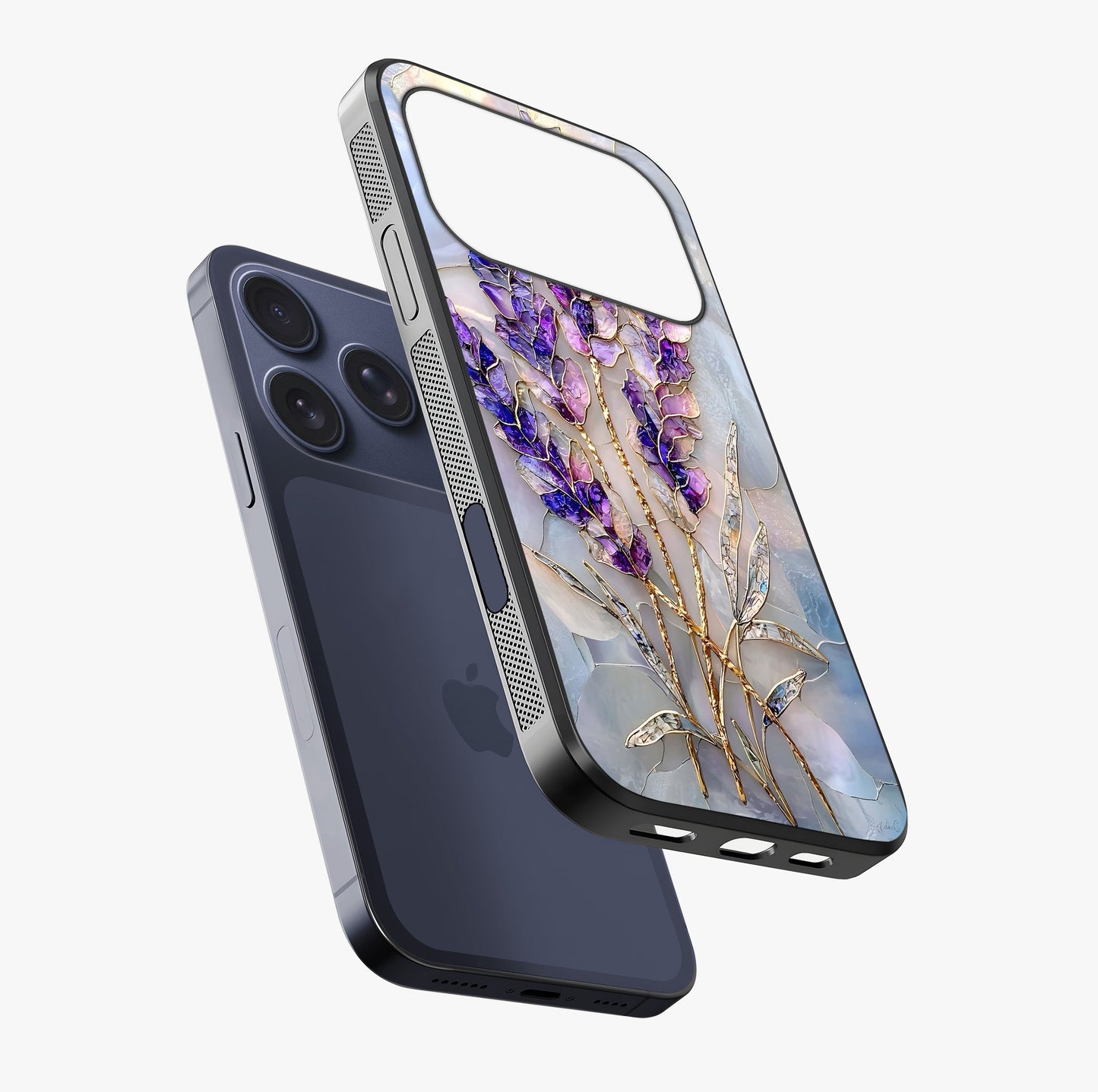 Lavender Dream Glow Glass Case laid diagonally highlighting side profile, edges and glossy glass shine.