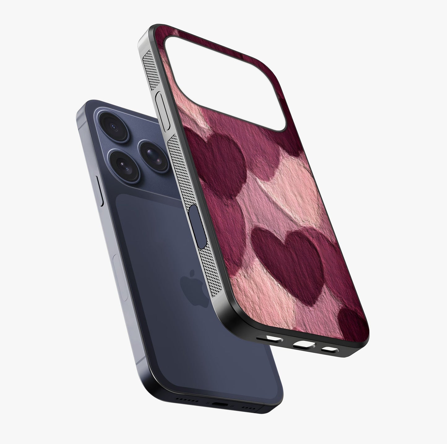 Layered Paper Hearts Glass Case laid diagonally highlighting side profile, edges and glossy glass shine.