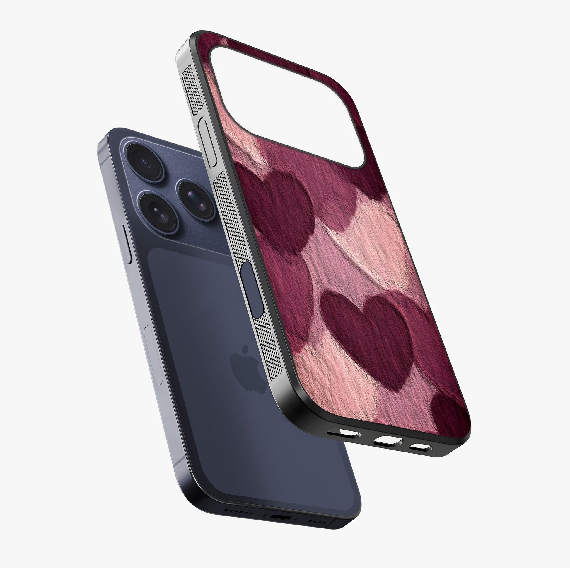Layered Paper Hearts Glass Case laid diagonally highlighting side profile, edges and glossy glass shine.