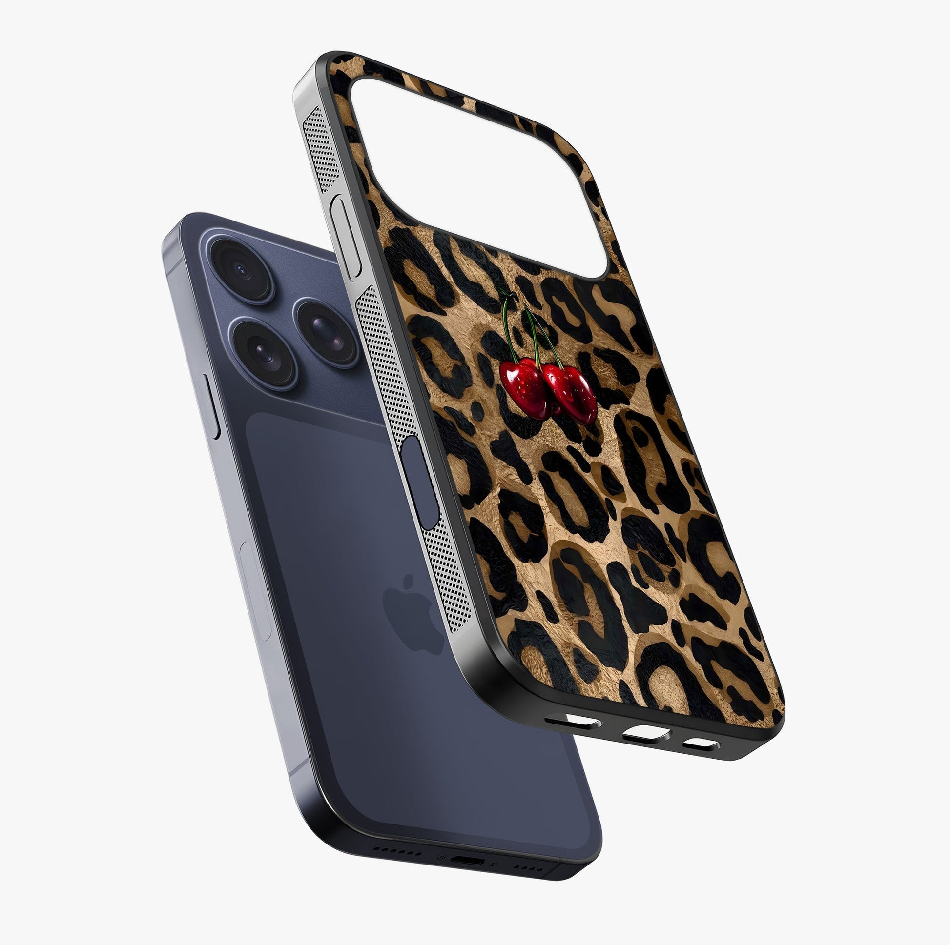 Leopard Wild Cherry Glass Case laid diagonally highlighting side profile, edges and glossy glass shine.