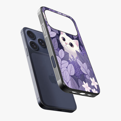 Lilac Hide Peek Cat Glass Case laid diagonally highlighting side profile, edges and glossy glass shine.