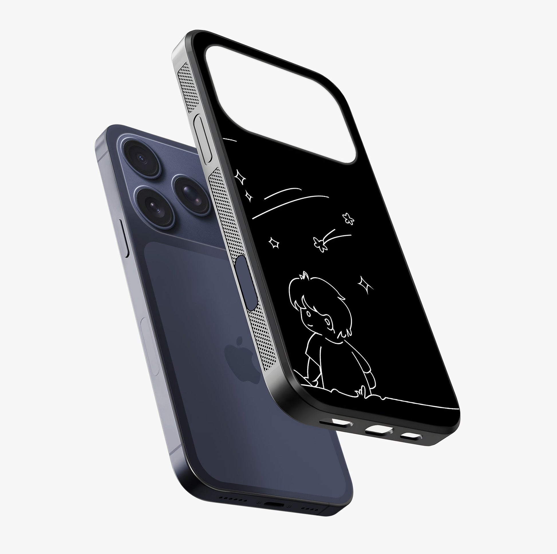 Line Art Boy With Shooting Stars Glass Case laid diagonally highlighting side profile, edges and glossy glass shine.