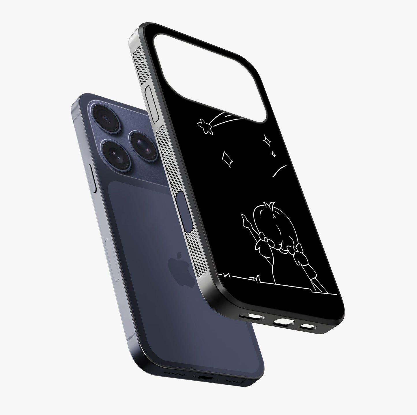 Line Art Girl With Shooting Stars Glass Case laid diagonally highlighting side profile, edges and glossy glass shine.