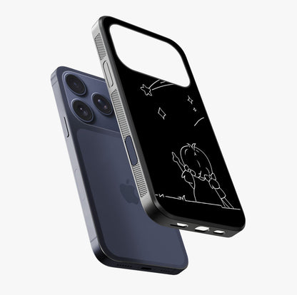 Line Art Girl With Shooting Stars Glass Case laid diagonally highlighting side profile, edges and glossy glass shine.