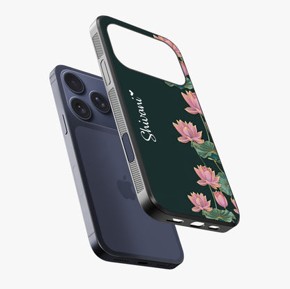 Lotus Bloom Serenity Custom Name Glass Case laid diagonally highlighting side profile, edges and glossy glass shine.