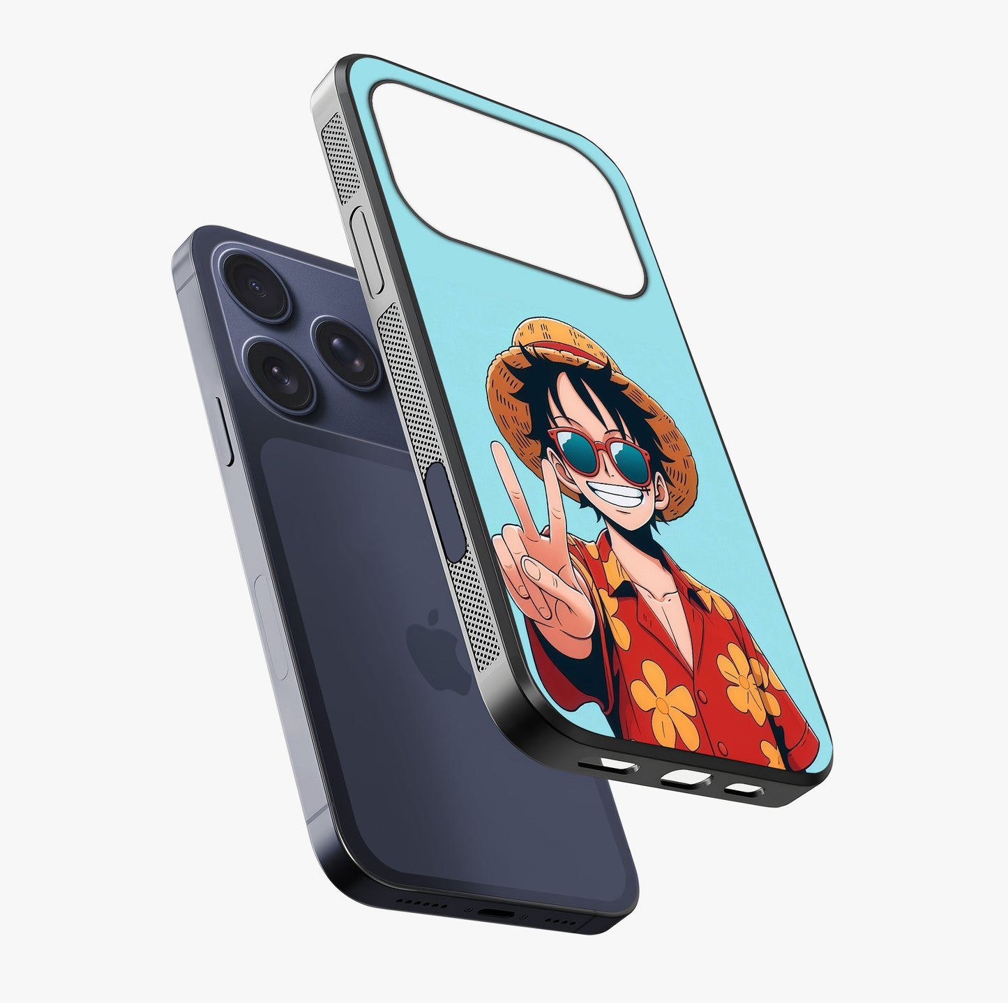 Luffy Summer Anime Vibe Glass Case laid diagonally highlighting side profile, edges and glossy glass shine.