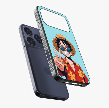Luffy Summer Anime Vibe Glass Case laid diagonally highlighting side profile, edges and glossy glass shine.