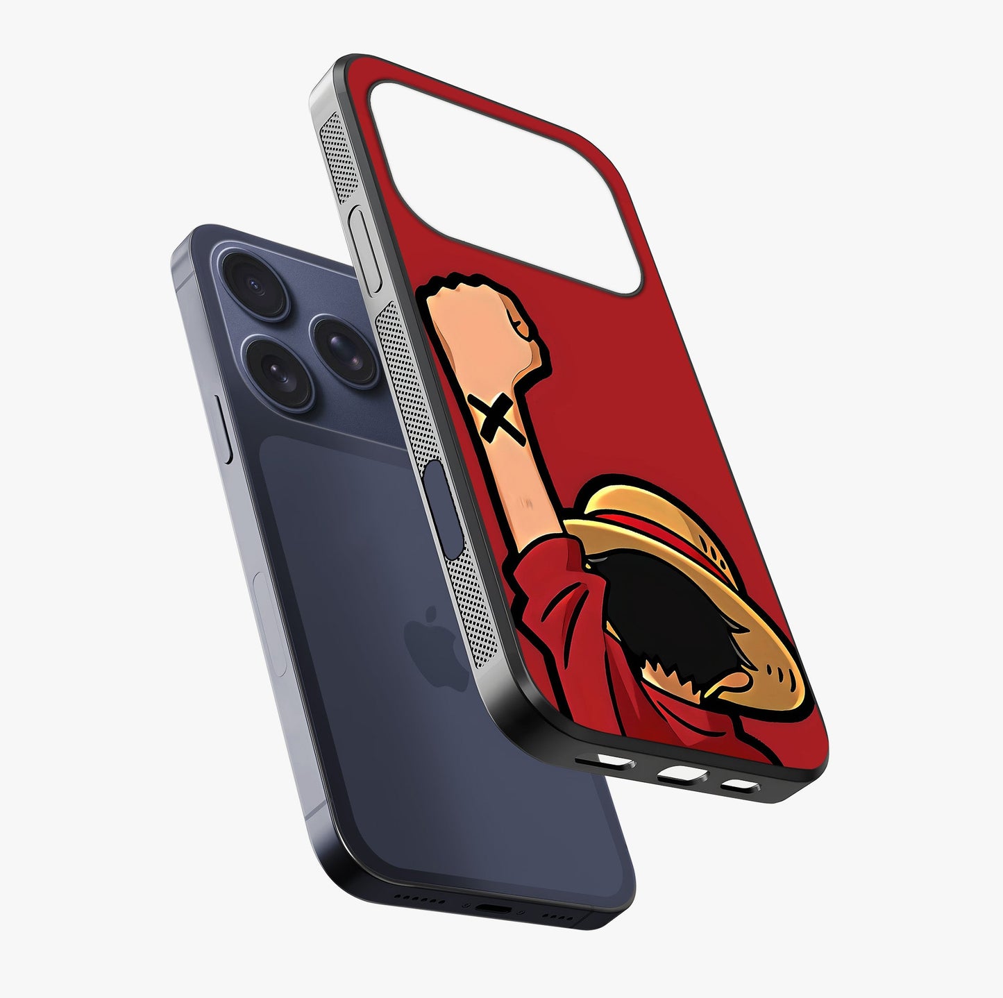 Luffy X Spirit Glass Case laid diagonally highlighting side profile, edges and glossy glass shine.