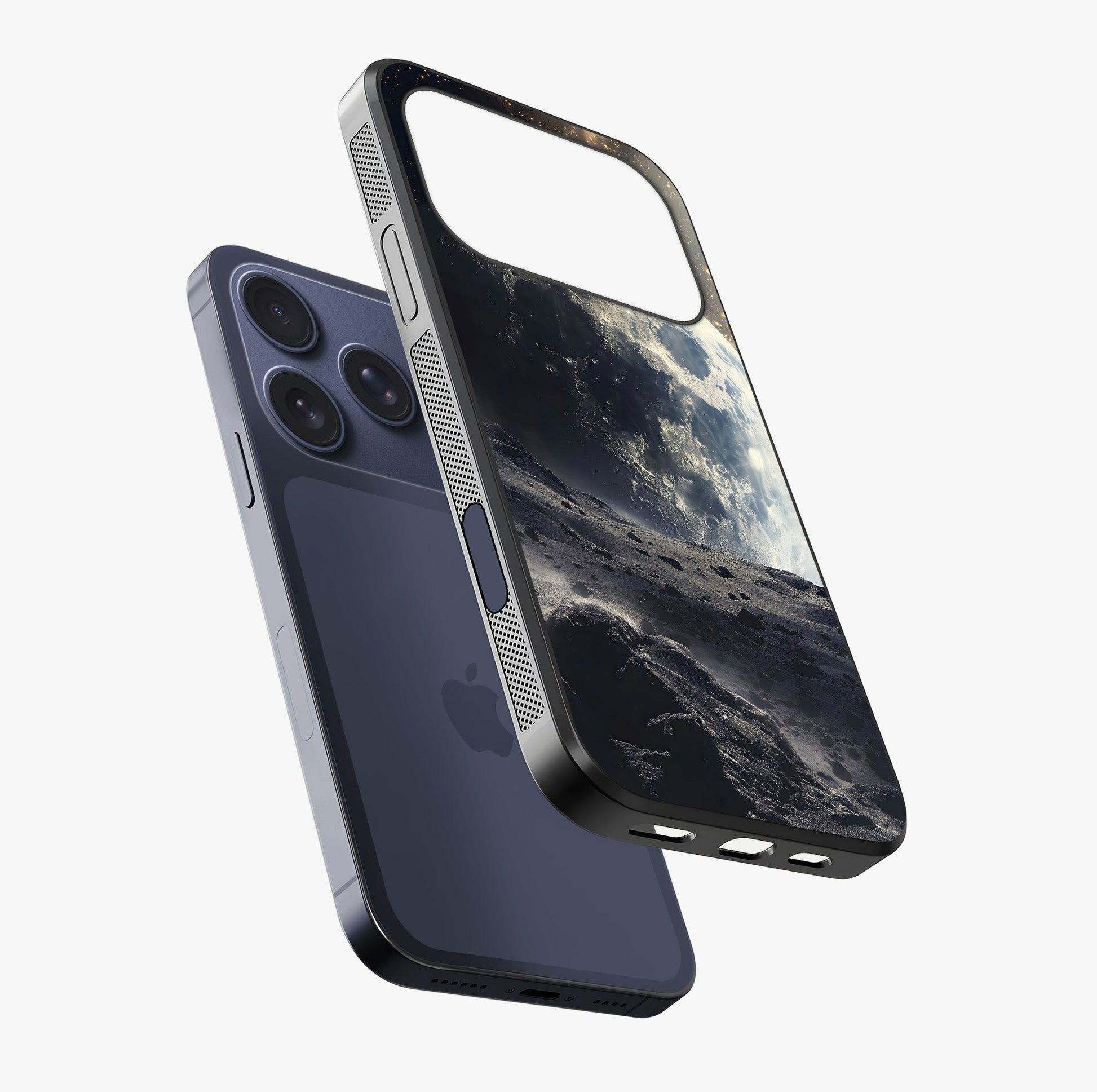 Lunar Horizon Glow Glass Case laid diagonally highlighting side profile, edges and glossy glass shine.