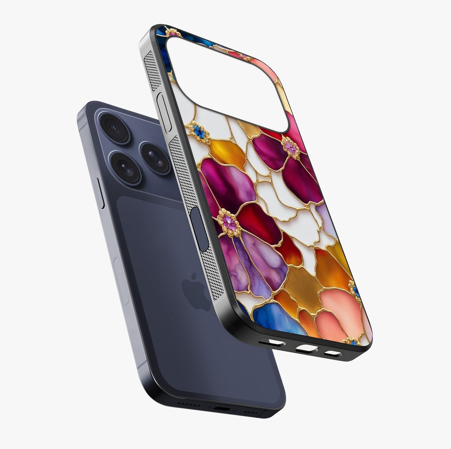 Marble Flower Pattern Glass Case laid diagonally highlighting side profile, edges and glossy glass shine.