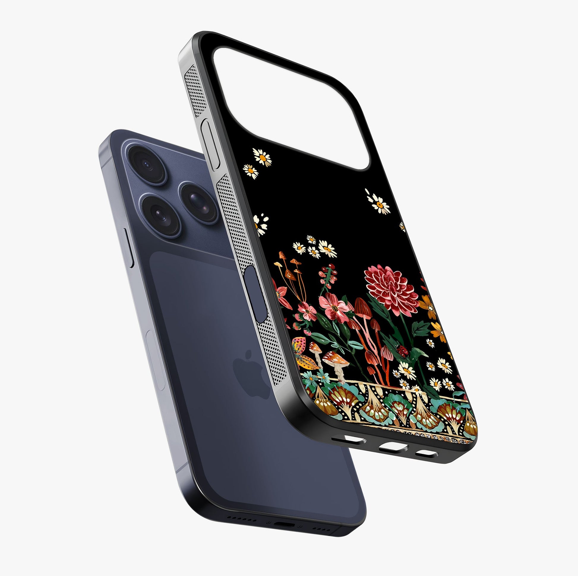 Midnight Bloom Pattern Glass Case laid diagonally highlighting side profile, edges and glossy glass shine.
