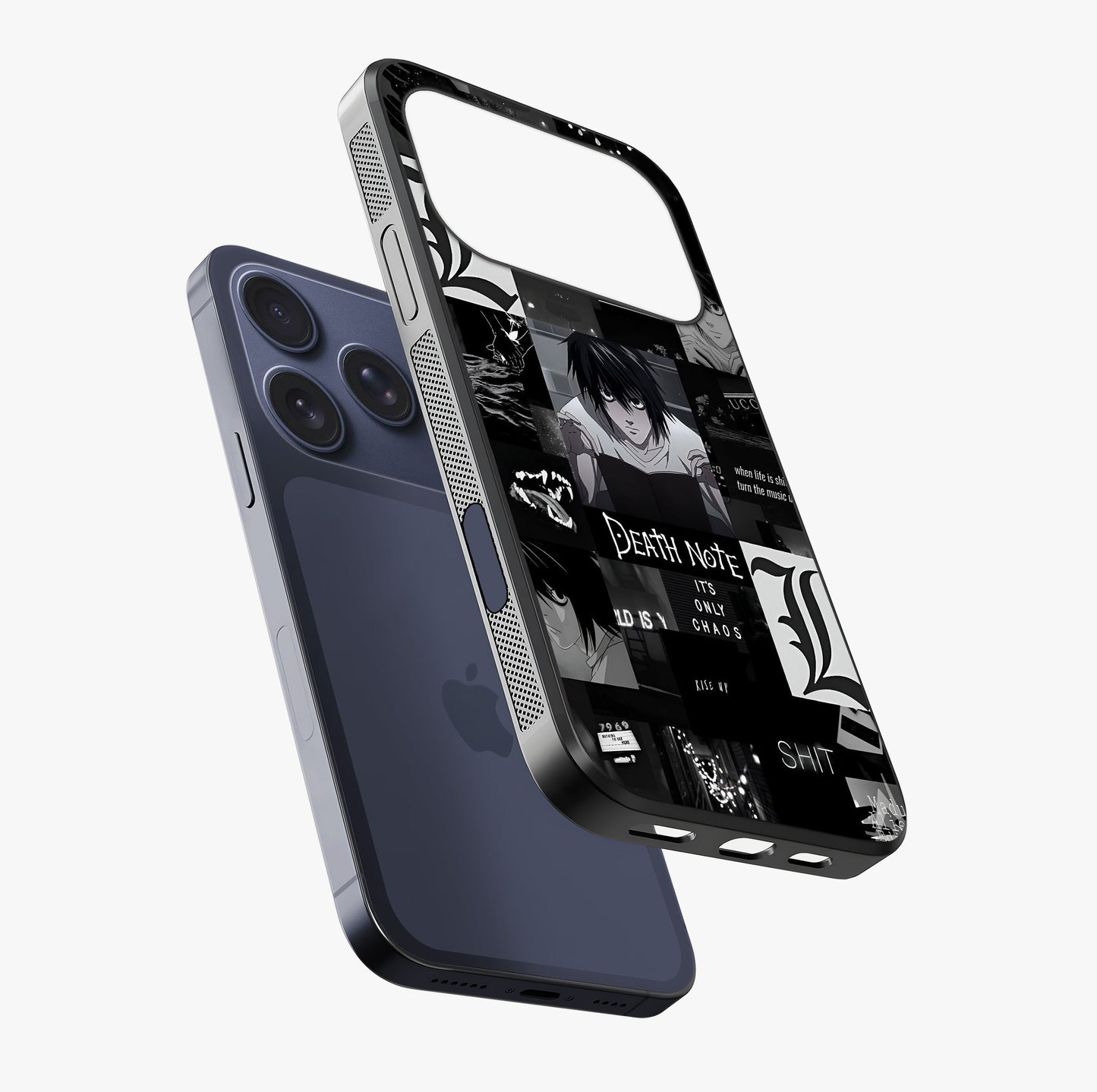 Midnight Chaos Mind Glass Case laid diagonally highlighting side profile, edges and glossy glass shine.
