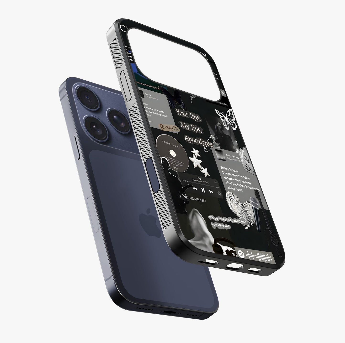 Midnight Love Echo Glass Case laid diagonally highlighting side profile, edges and glossy glass shine.