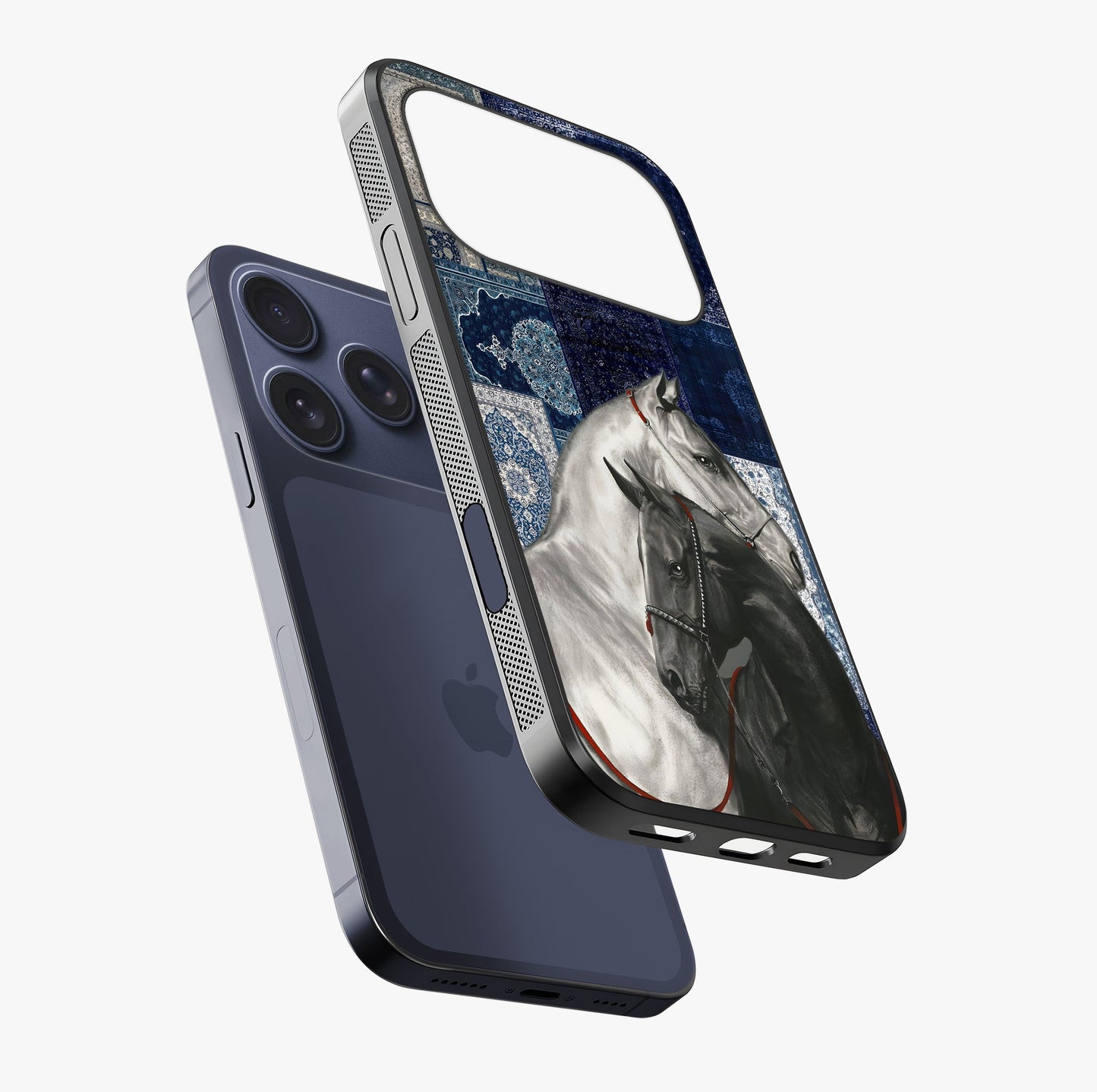Midnight Stallion Blues Glass Case laid diagonally highlighting side profile, edges and glossy glass shine.
