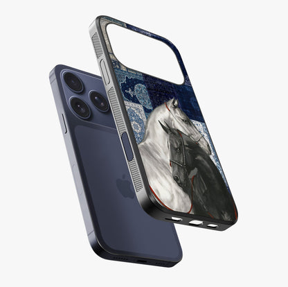 Midnight Stallion Blues Glass Case laid diagonally highlighting side profile, edges and glossy glass shine.