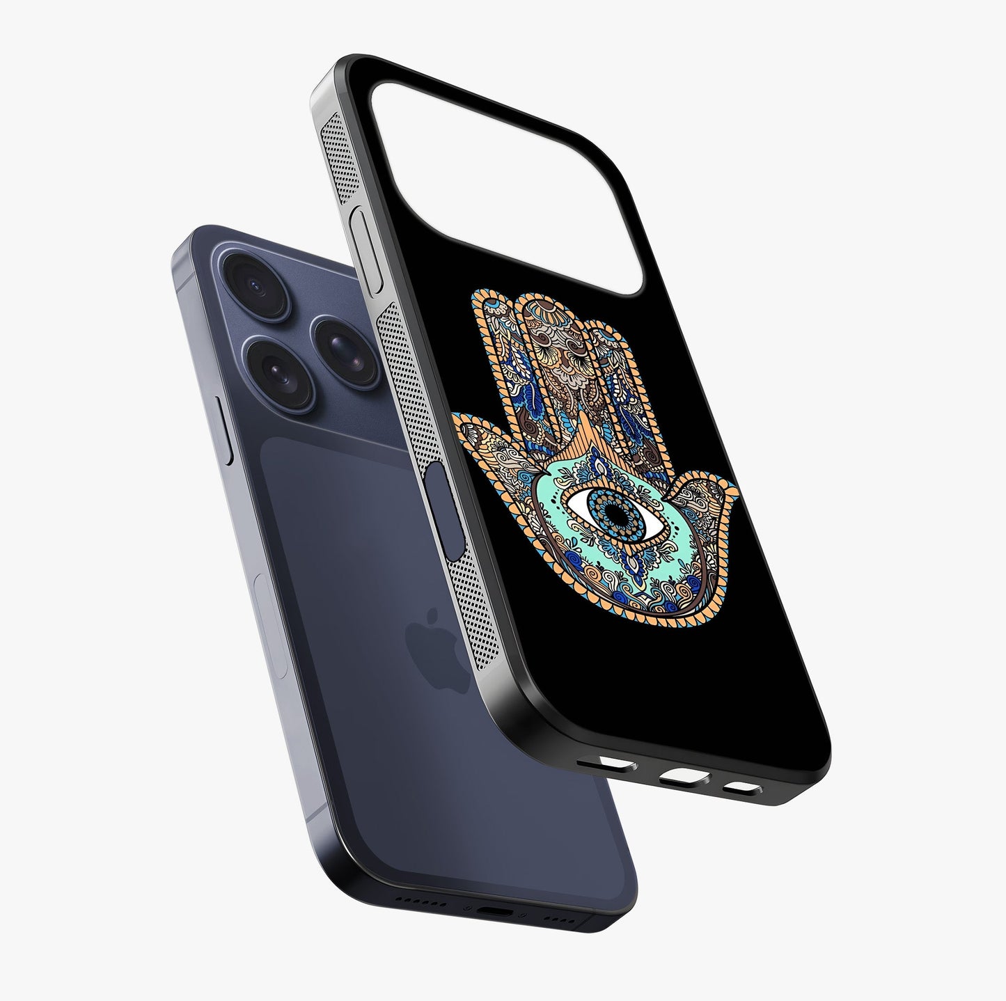 Mystic Hamsa Eye Glass Case laid diagonally highlighting side profile, edges and glossy glass shine.