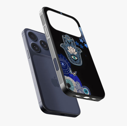 Mystic Hand Aura Glass Case laid diagonally highlighting side profile, edges and glossy glass shine.