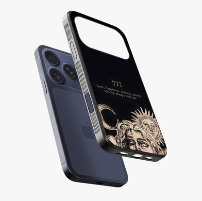 Mystic Victory Aura Glass Case laid diagonally highlighting side profile, edges and glossy glass shine.