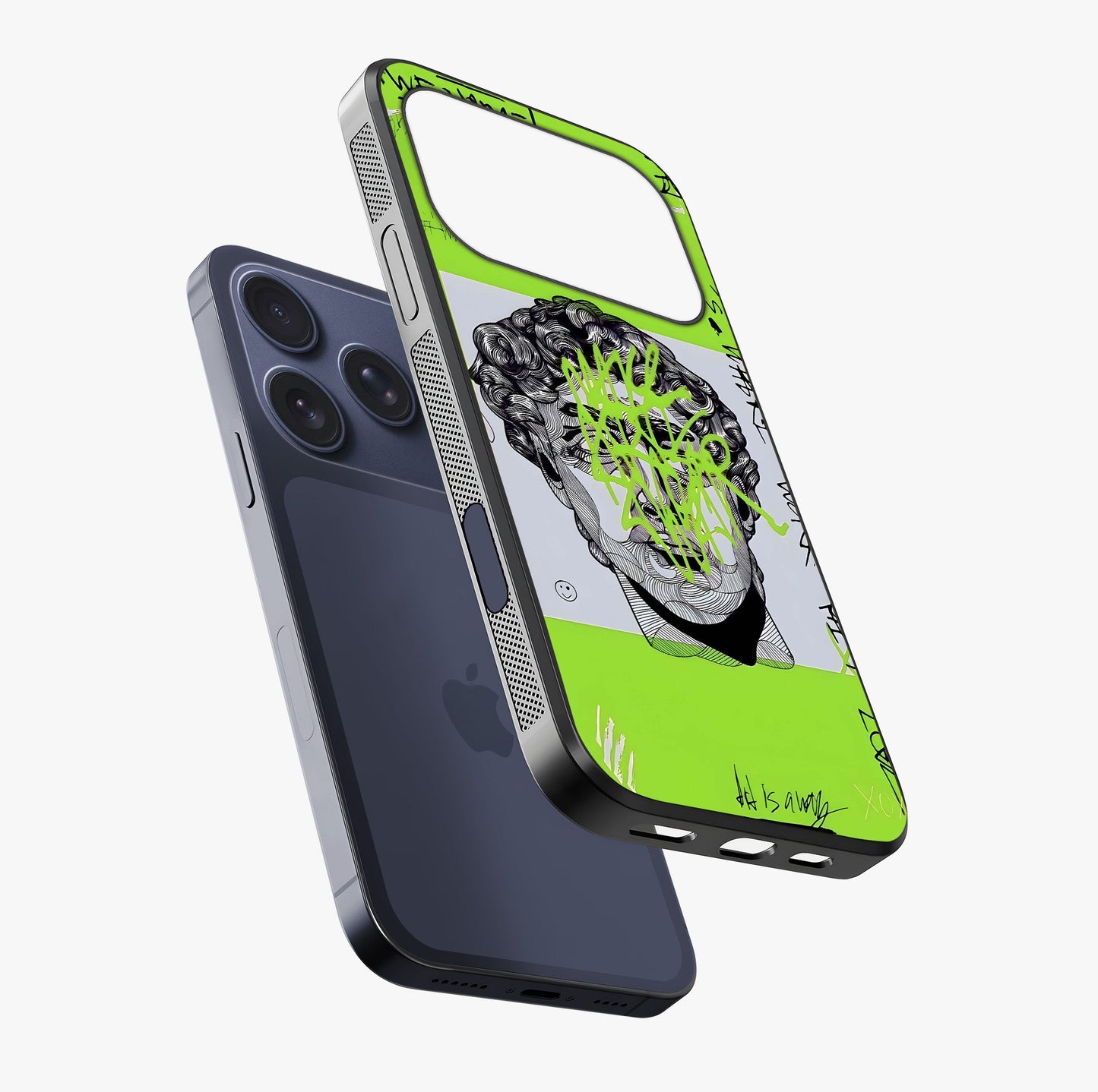 Neo Graffiti Rebellion Glass Case laid diagonally highlighting side profile, edges and glossy glass shine.