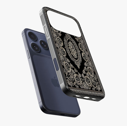 Noir Bloom Elegance Glass Case laid diagonally highlighting side profile, edges and glossy glass shine.