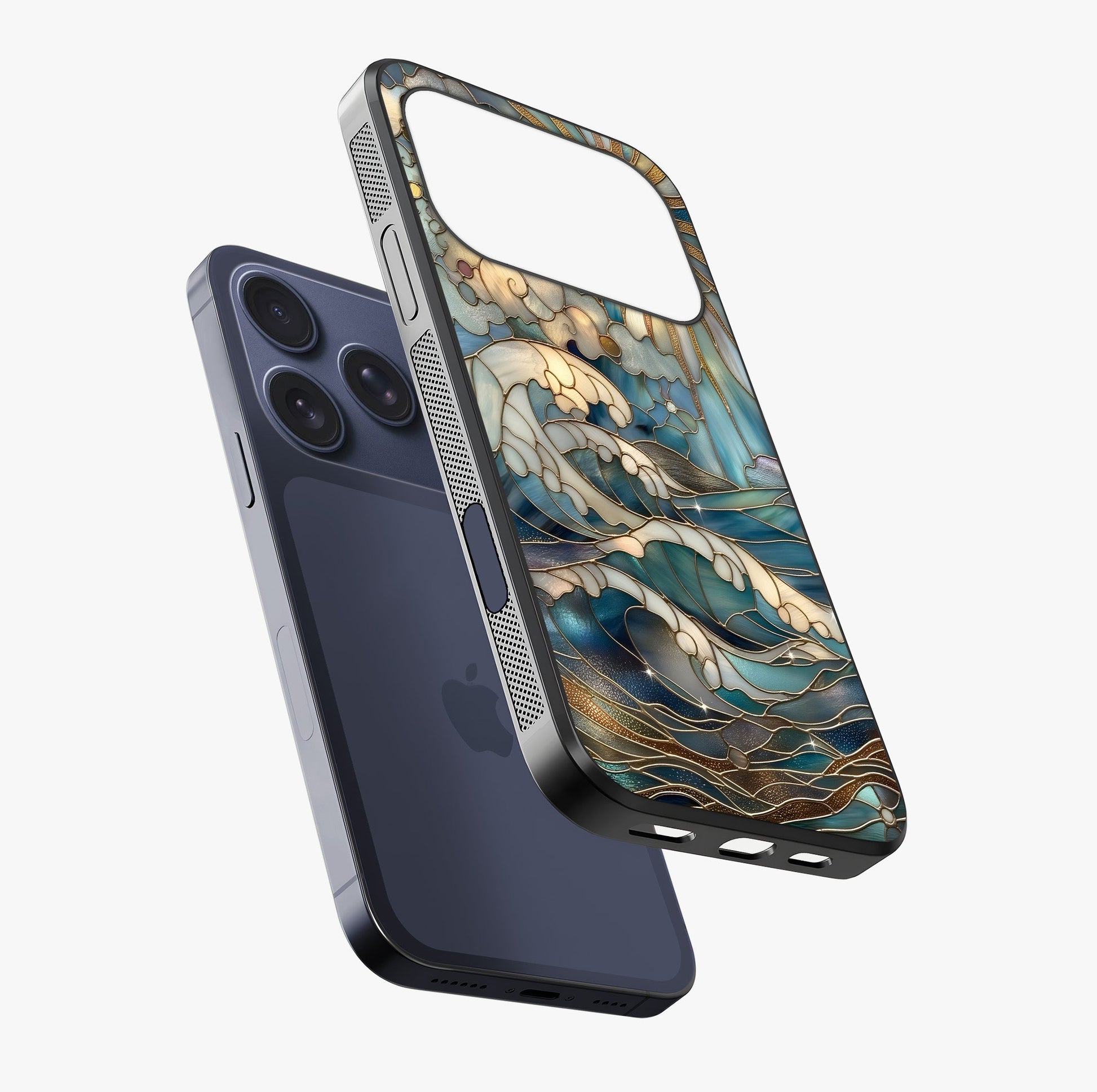 Oceanic Stained Printed Glass Case laid diagonally highlighting side profile, edges and glossy glass shine.