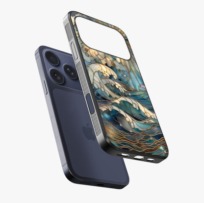 Oceanic Stained Printed Glass Case laid diagonally highlighting side profile, edges and glossy glass shine.