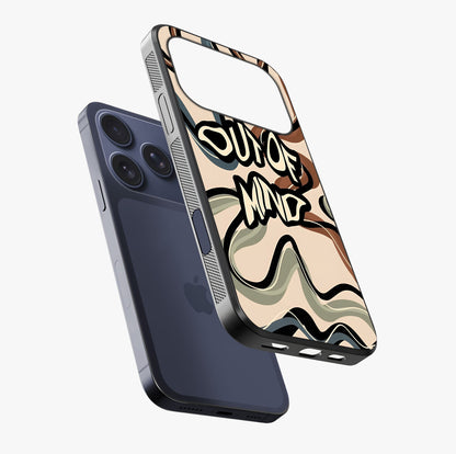 Out Of Mind Glass Case laid diagonally highlighting side profile, edges and glossy glass shine.