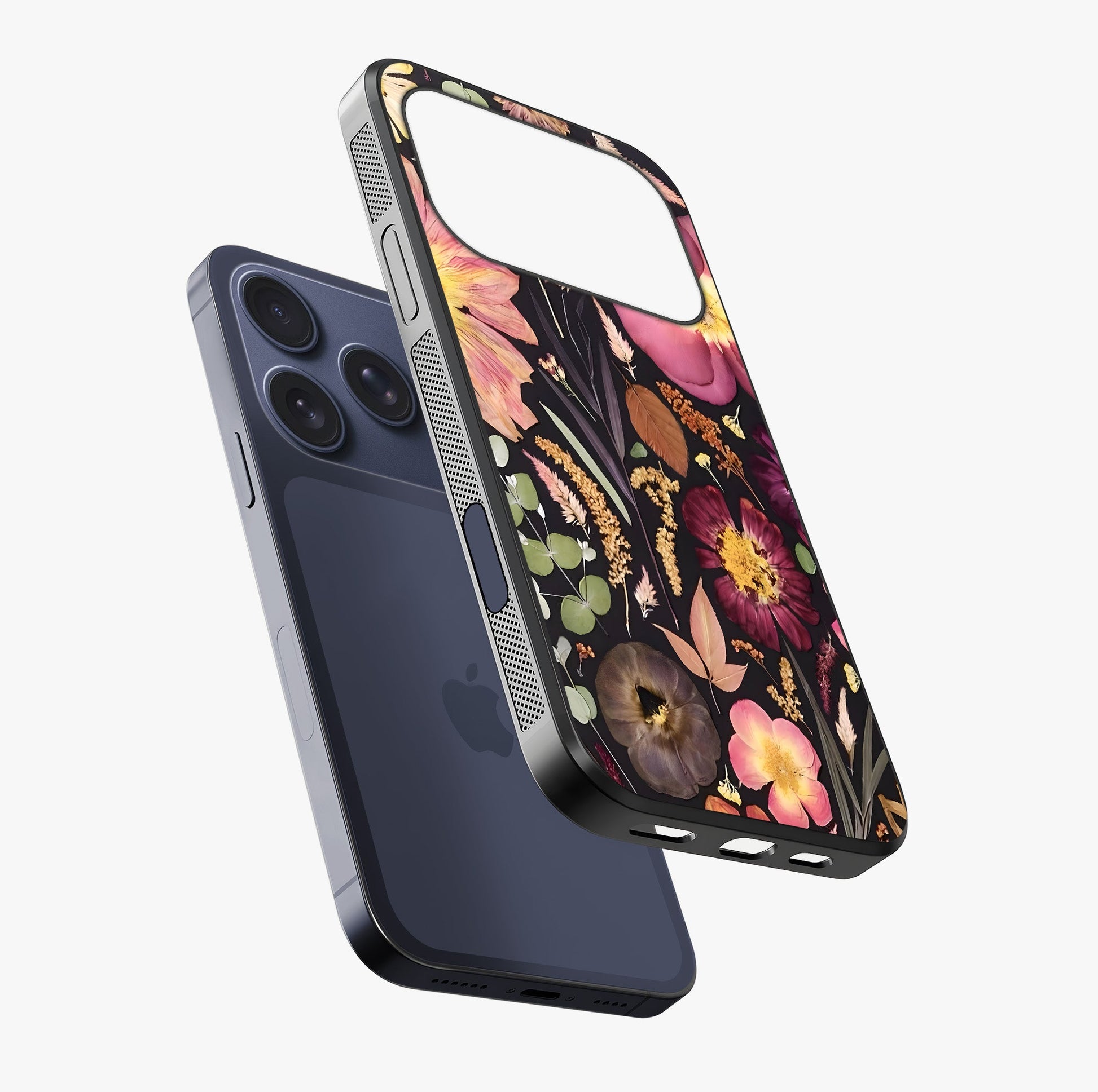 Petal Dream Tapestry Glass Case laid diagonally highlighting side profile, edges and glossy glass shine.