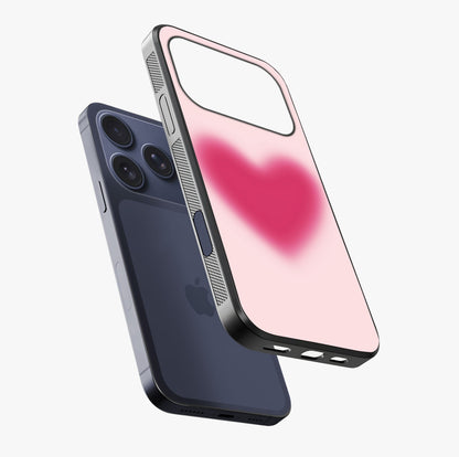 Pink Aura Heart Glass Case laid diagonally highlighting side profile, edges and glossy glass shine.