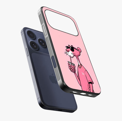 Pink Panther Glass Case laid diagonally highlighting side profile, edges and glossy glass shine.
