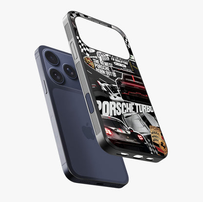 Porsche Racing Collage Glass Case laid diagonally highlighting side profile, edges and glossy glass shine.
