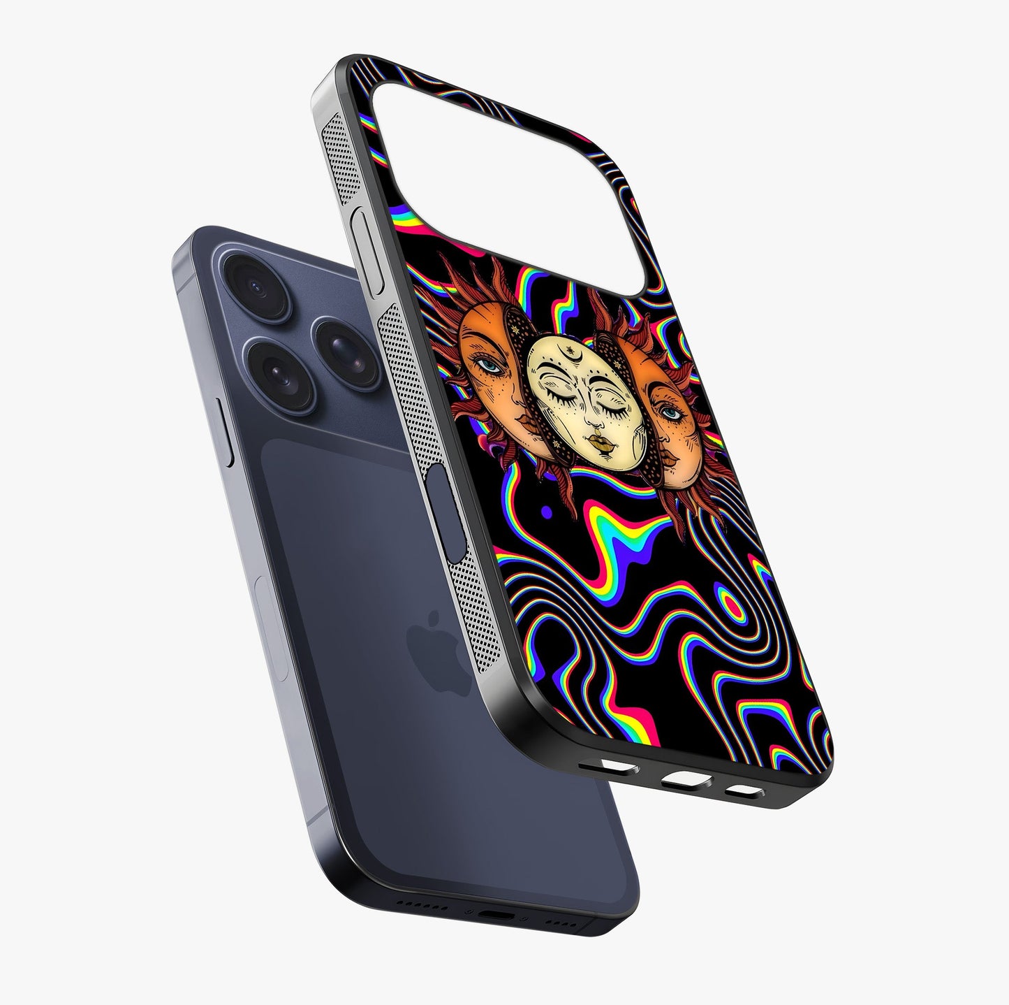 Psychedelic Sun Glass Case laid diagonally highlighting side profile, edges and glossy glass shine.