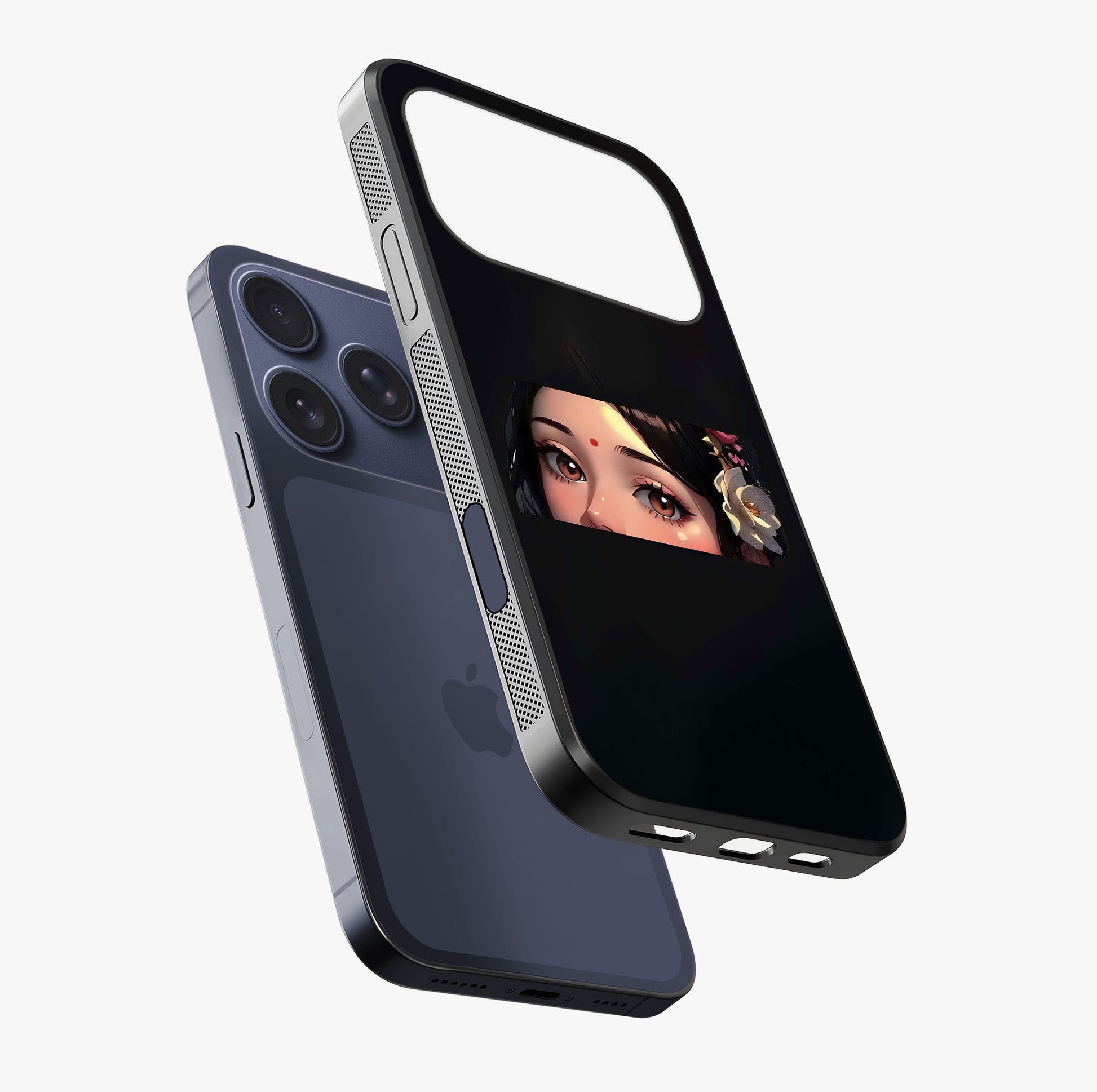Radha Divine Embrace Glass Case laid diagonally highlighting side profile, edges and glossy glass shine.