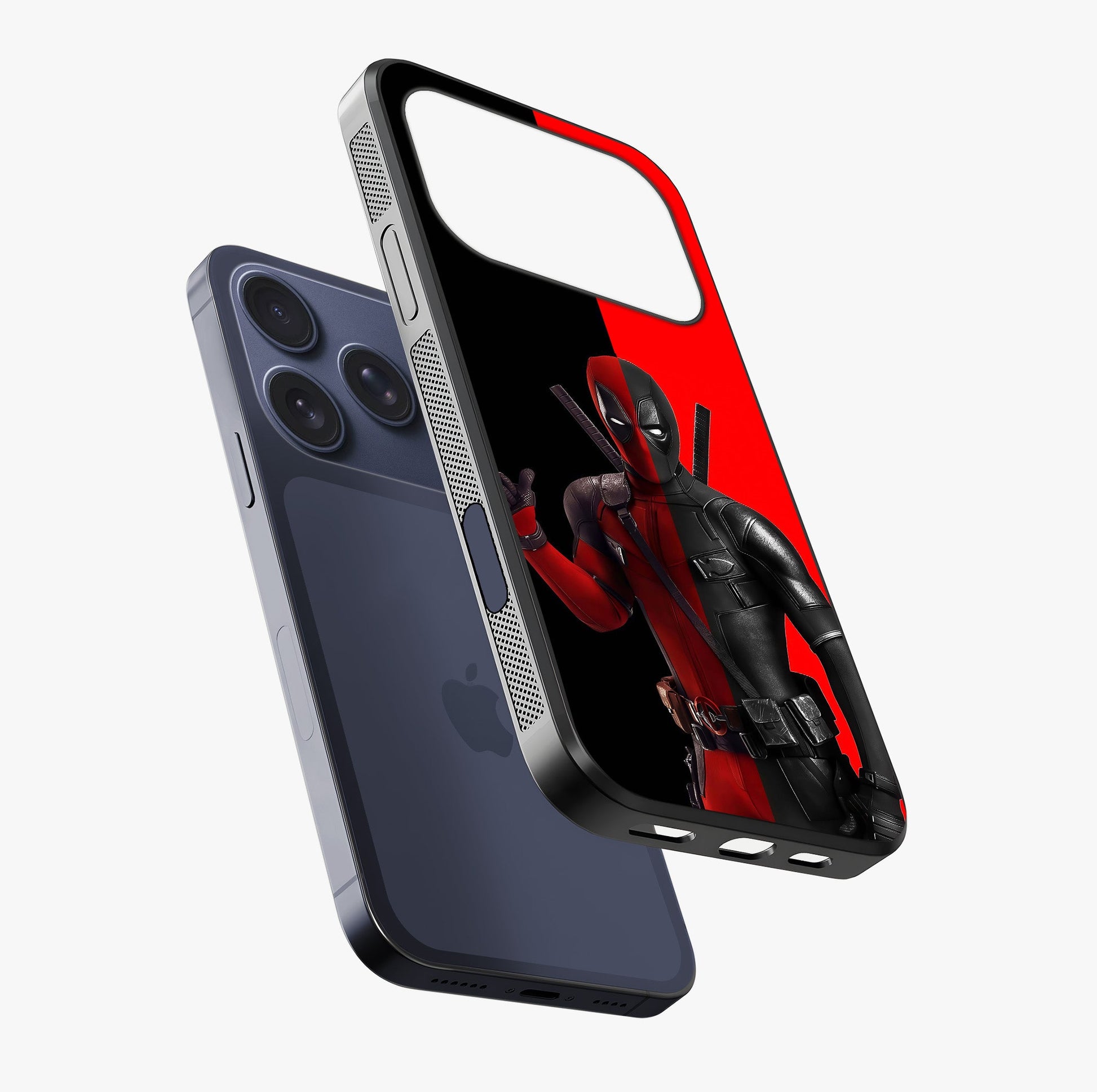 Red & Black Deadpool Theme Glass Case laid diagonally highlighting side profile, edges and glossy glass shine.