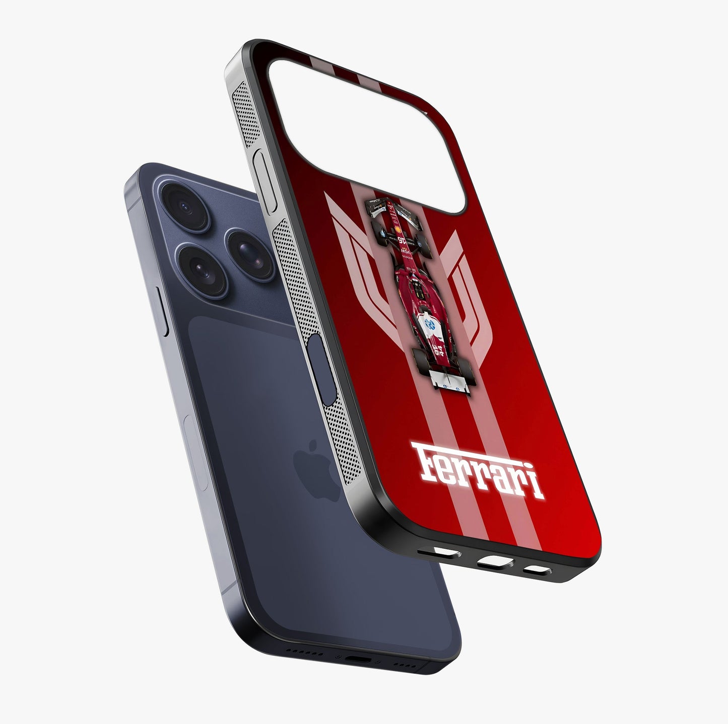 Red Ferrari F1 Vertical Glass Case laid diagonally highlighting side profile, edges and glossy glass shine.