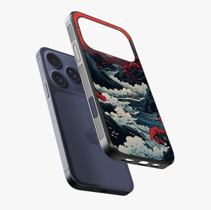 Red Sunset Scenery Glass Case laid diagonally highlighting side profile, edges and glossy glass shine.
