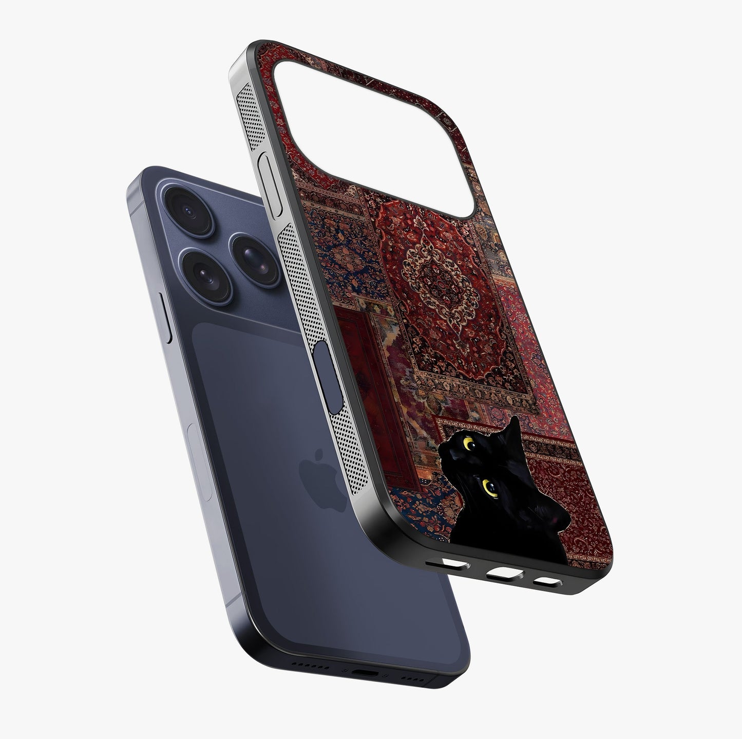 Regal Magic Cat Apple Glass Case laid diagonally highlighting side profile, edges and glossy glass shine.