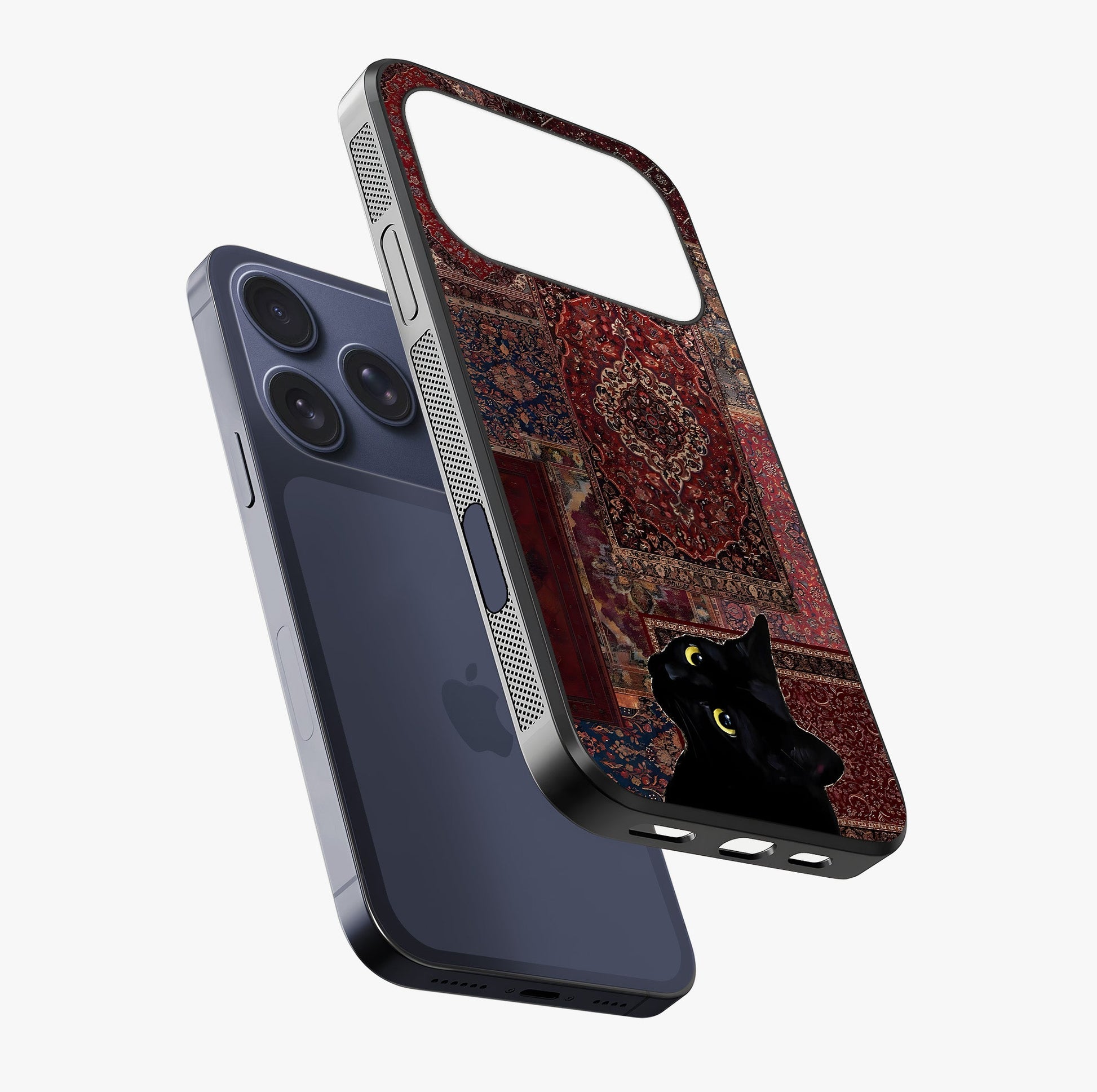Regal Magic Cat Apple Glass Case laid diagonally highlighting side profile, edges and glossy glass shine.