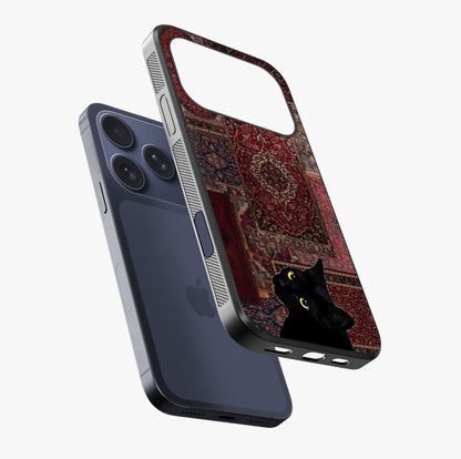 Regal Magic Cat Apple Glass Case laid diagonally highlighting side profile, edges and glossy glass shine.