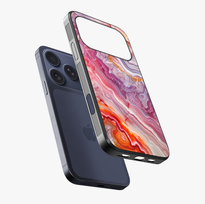 Rose Quartz Marble Glass Case laid diagonally highlighting side profile, edges and glossy glass shine.