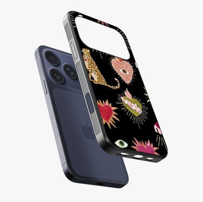 Sacred Jungle Heart Glass Case laid diagonally highlighting side profile, edges and glossy glass shine.