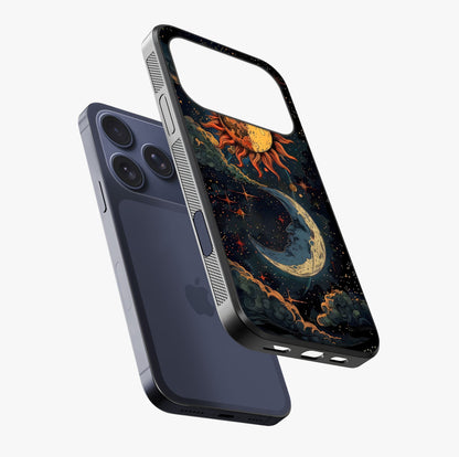 Sun And Moon Magic Design Glass Case laid diagonally highlighting side profile, edges and glossy glass shine.