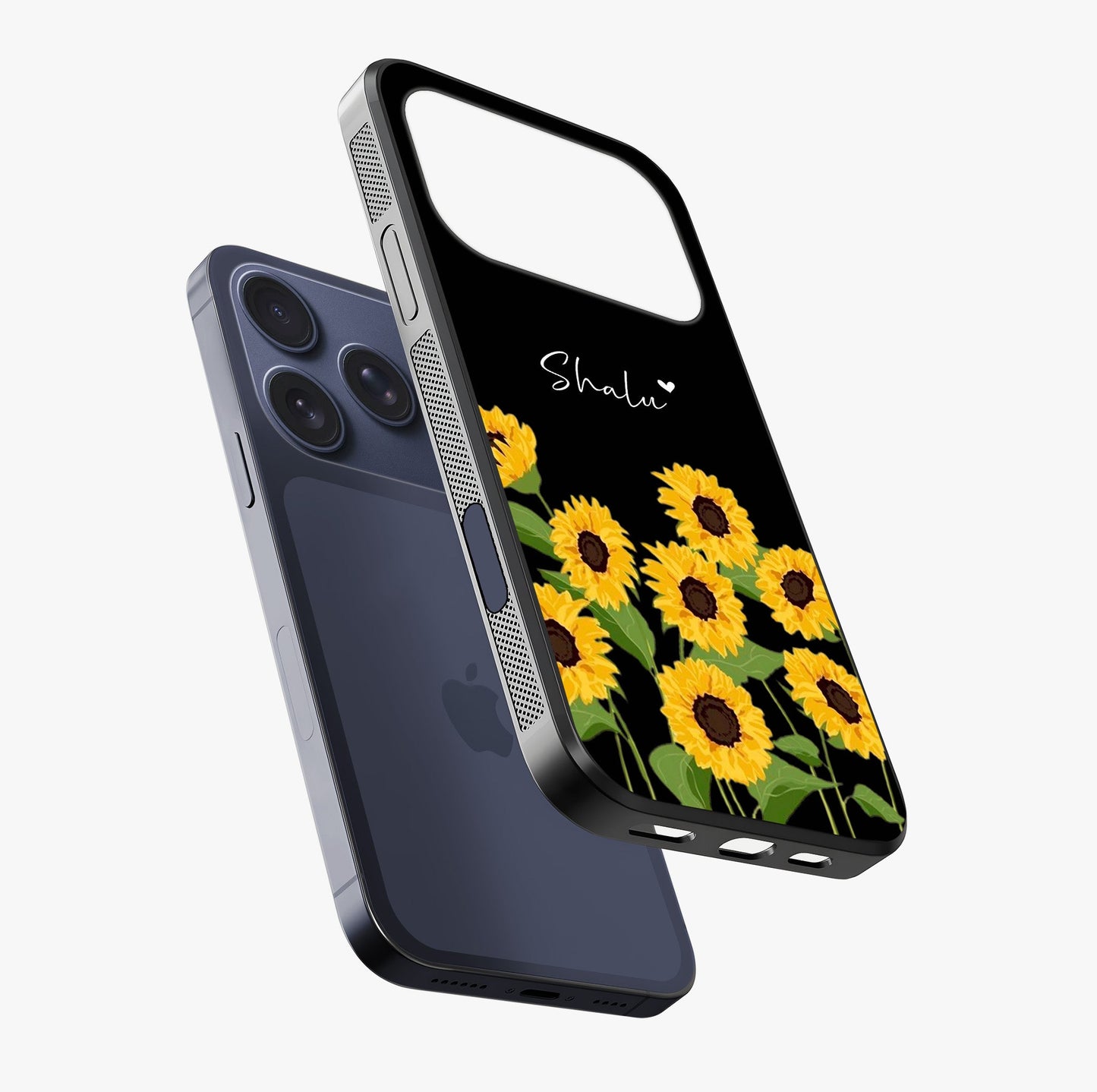 Sunflower Chic Mood Custom Name Glass Case laid diagonally highlighting side profile, edges and glossy glass shine.